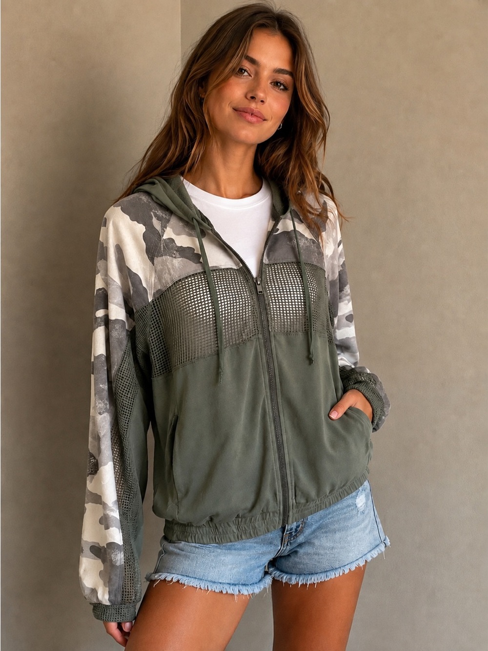 NWT - Mystree Multi-Textured Hoodie Zip Up Jacket in Olive & Gray Camo